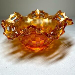 Fenton Carnival Glass bowl, basket weave open lace ruffled edge. Vintage
